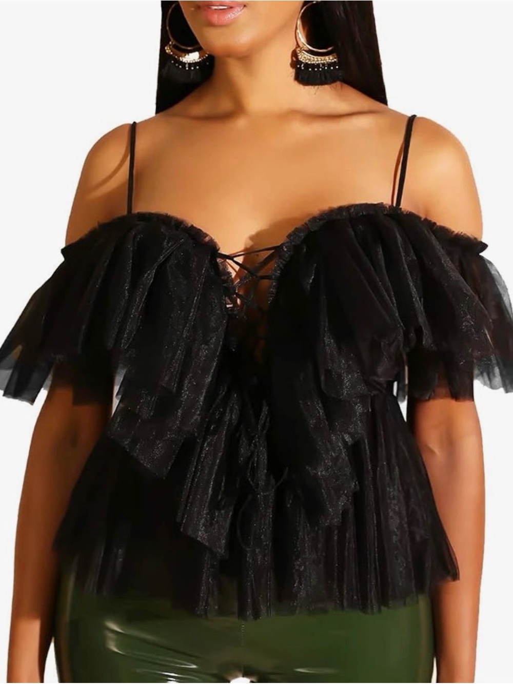 Simplee Apparel Black Ruffled Off-Shoulder Lace-Up Camisole